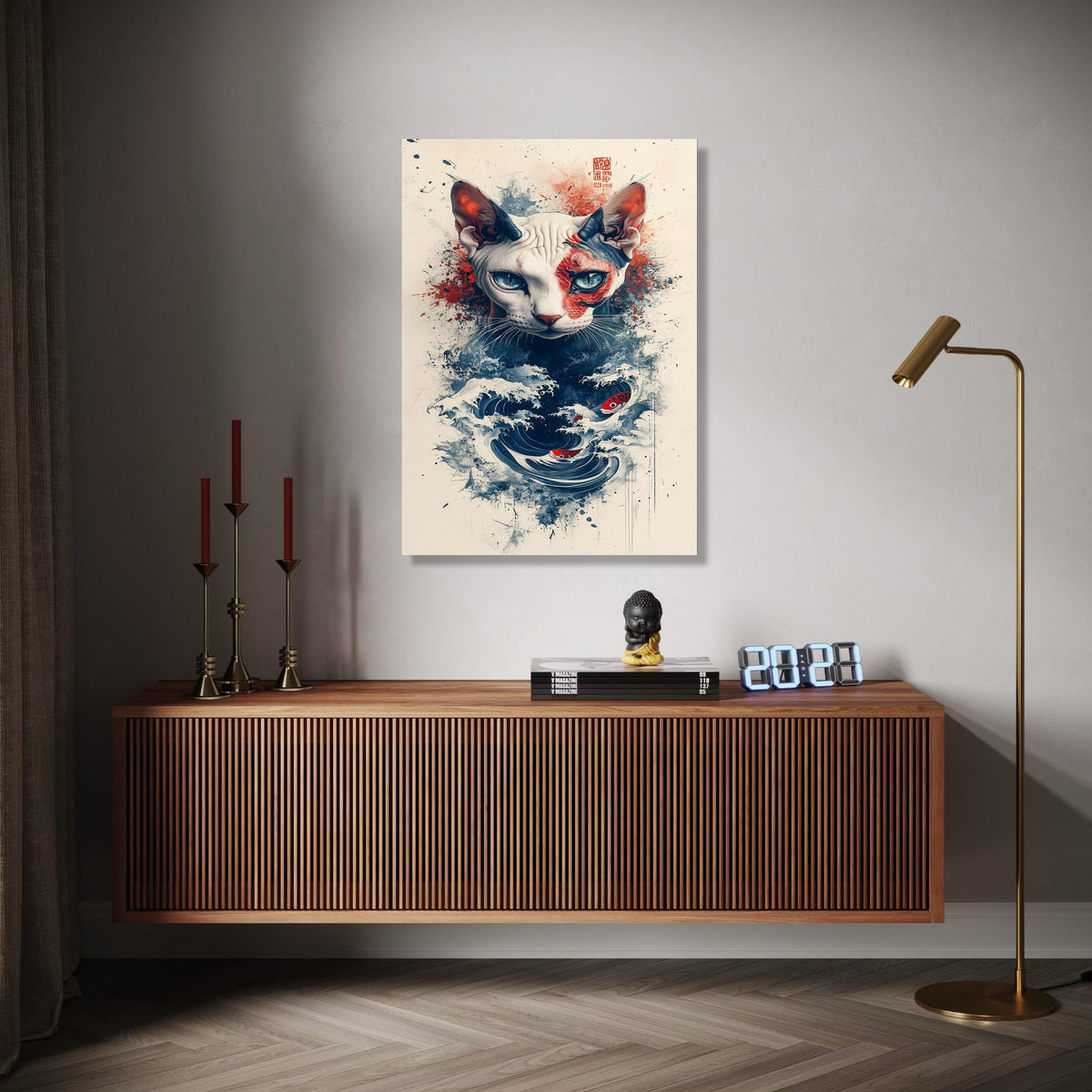 Sphynx Cat with Koi Fish and Ocean Waves Canvas, Japanese Art Inspired Wall Decor, Abstract Pet Portrait, Modern Gift Art, Home Decor, Print