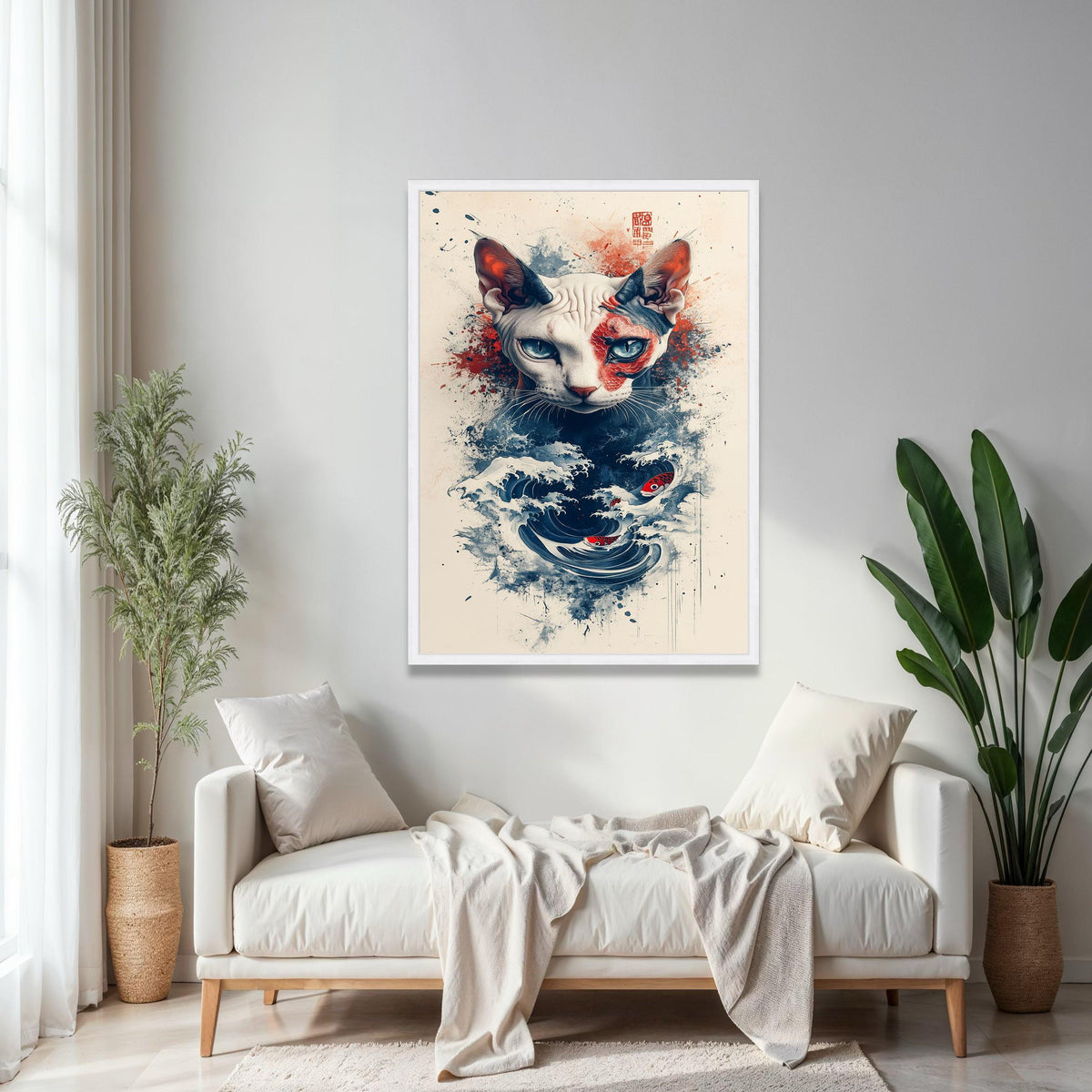 Sphynx Cat with Koi Fish and Ocean Waves Canvas, Japanese Art Inspired Wall Decor, Abstract Pet Portrait, Modern Gift Art, Home Decor, Print