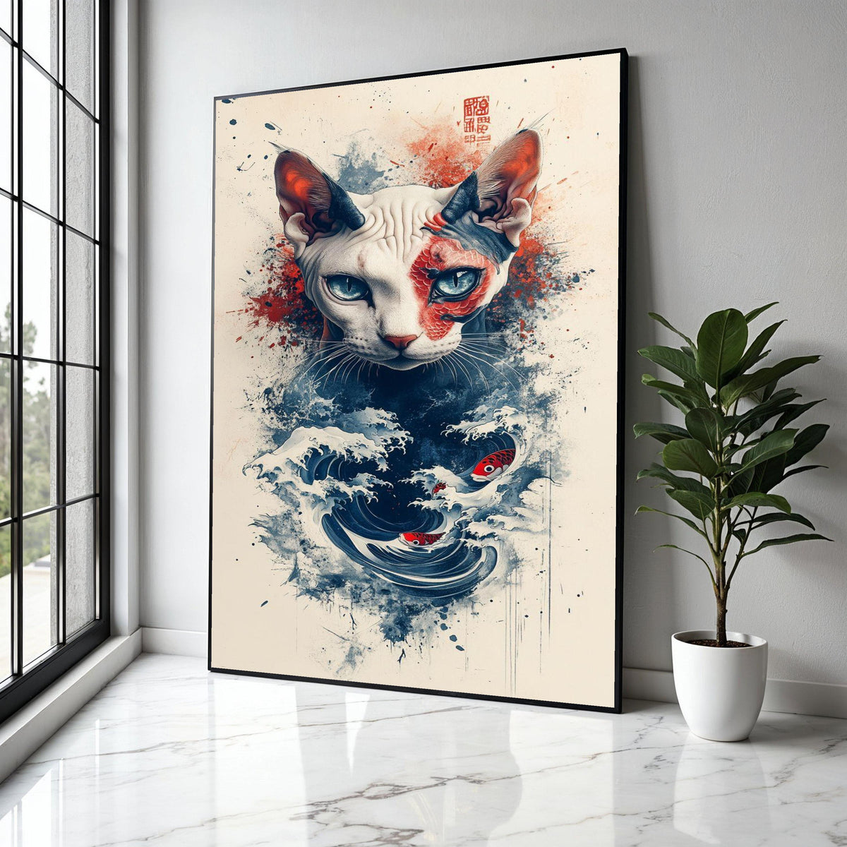 Sphynx Cat with Koi Fish and Ocean Waves Canvas, Japanese Art Inspired Wall Decor, Abstract Pet Portrait, Modern Gift Art, Home Decor, Print