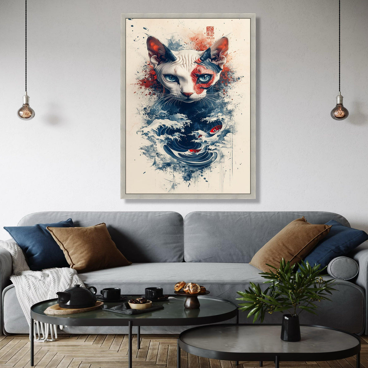 Sphynx Cat with Koi Fish and Ocean Waves Canvas, Japanese Art Inspired Wall Decor, Abstract Pet Portrait, Modern Gift Art, Home Decor, Print
