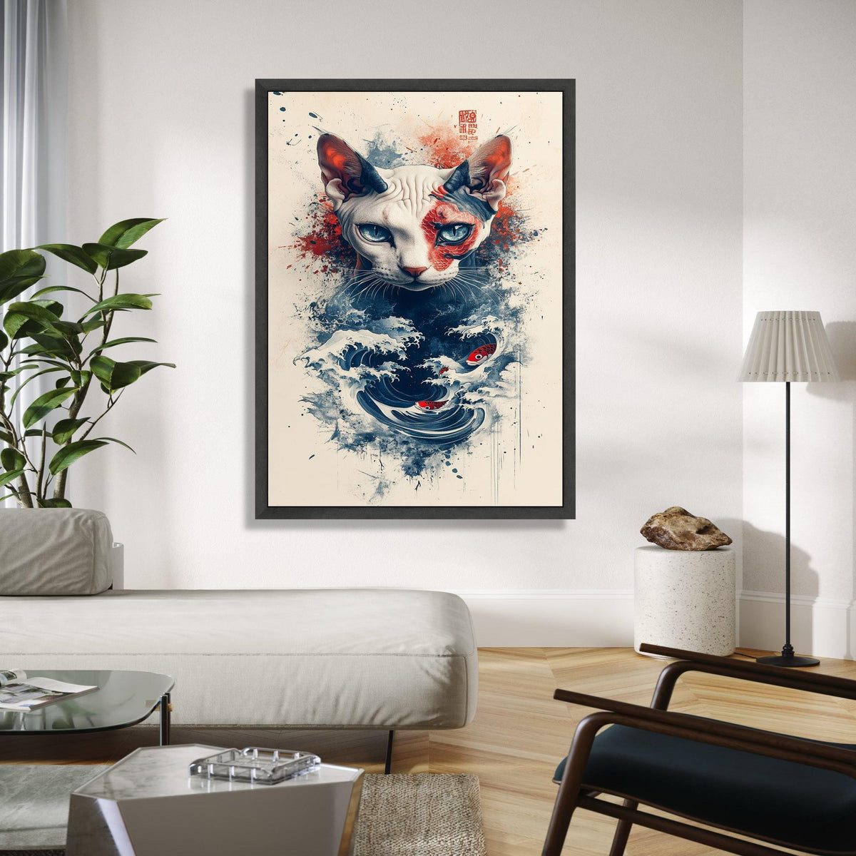 Sphynx Cat with Koi Fish and Ocean Waves Canvas, Japanese Art Inspired Wall Decor, Abstract Pet Portrait, Modern Gift Art, Home Decor, Print
