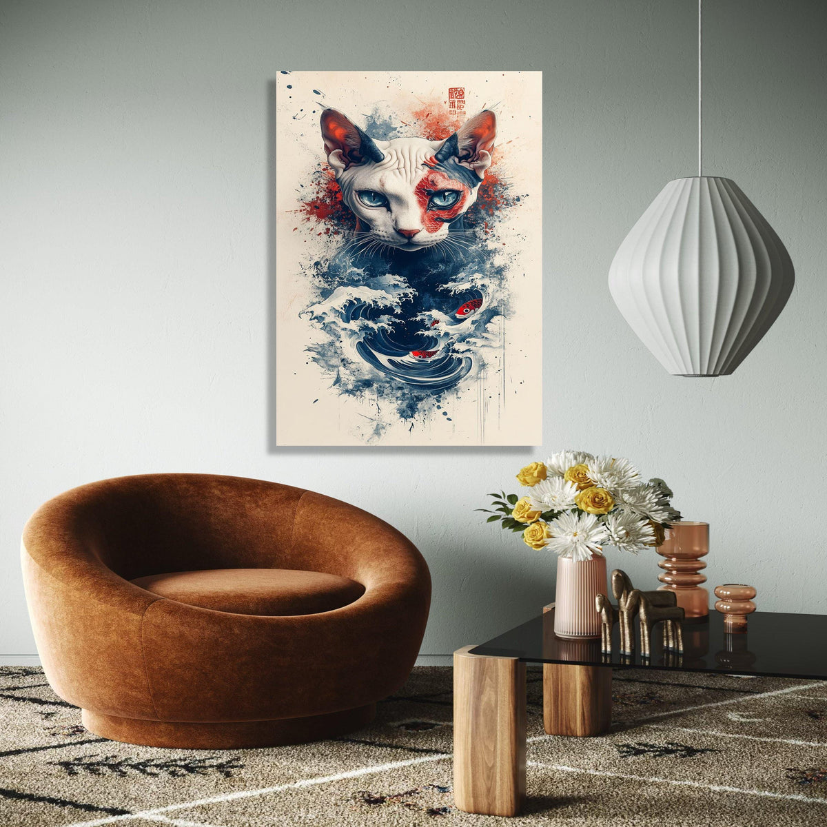Sphynx Cat with Koi Fish and Ocean Waves Canvas, Japanese Art Inspired Wall Decor, Abstract Pet Portrait, Modern Gift Art, Home Decor, Print
