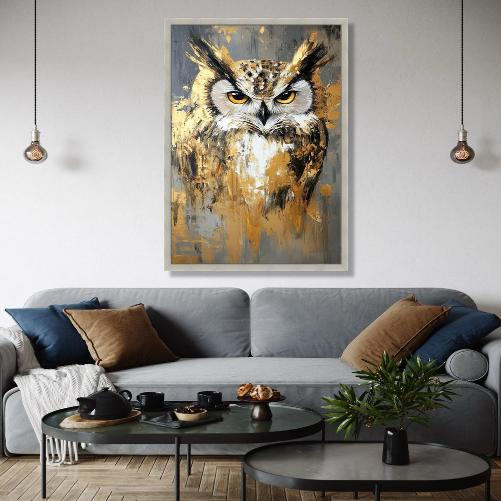 Majestic Owl Portrait Canvas, Abstract Wildlife Wall Art, Gold and Gray Modern Painting, Large Animal Canvas, Gift Art, Home Decor, Print