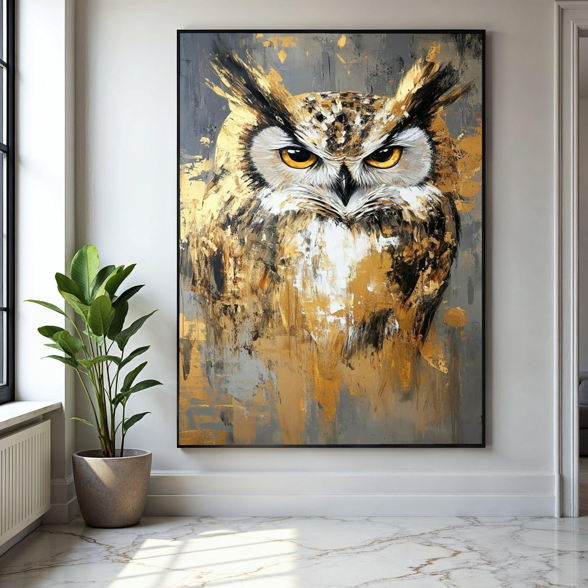 Majestic Owl Portrait Canvas, Abstract Wildlife Wall Art, Gold and Gray Modern Painting, Large Animal Canvas, Gift Art, Home Decor, Print