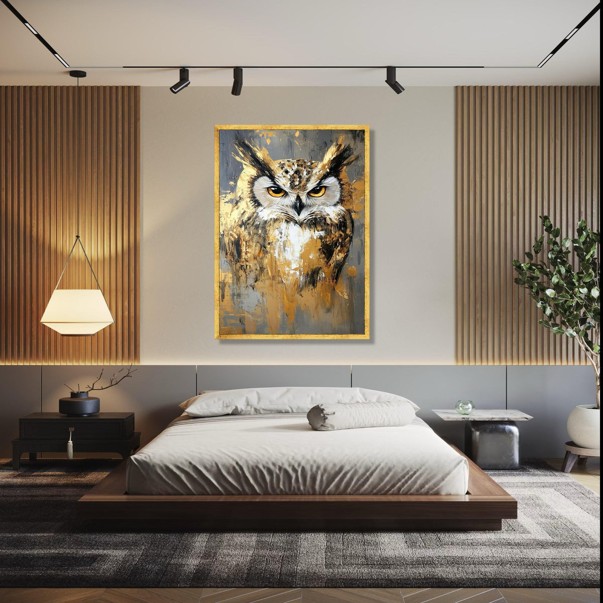 Majestic Owl Portrait Canvas, Abstract Wildlife Wall Art, Gold and Gray Modern Painting, Large Animal Canvas, Gift Art, Home Decor, Print