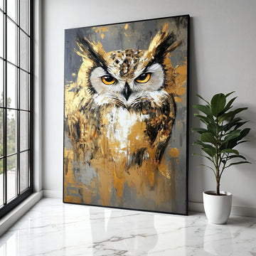 Majestic Owl Portrait Canvas, Abstract Wildlife Wall Art, Gold and Gray Modern Painting, Large Animal Canvas, Gift Art, Home Decor, Print