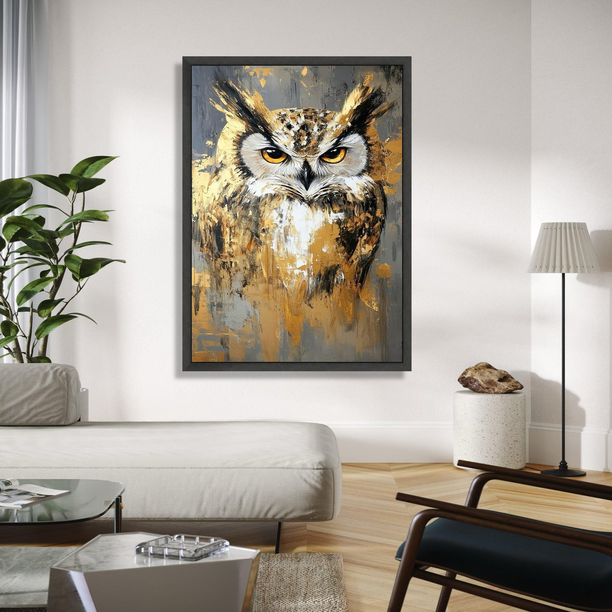 Majestic Owl Portrait Canvas, Abstract Wildlife Wall Art, Gold and Gray Modern Painting, Large Animal Canvas, Gift Art, Home Decor, Print