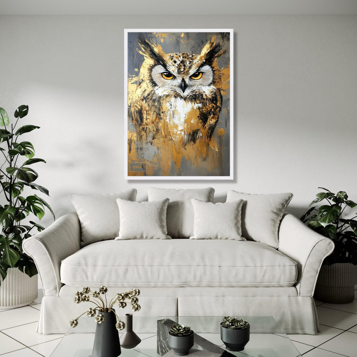 Majestic Owl Portrait Canvas, Abstract Wildlife Wall Art, Gold and Gray Modern Painting, Large Animal Canvas, Gift Art, Home Decor, Print