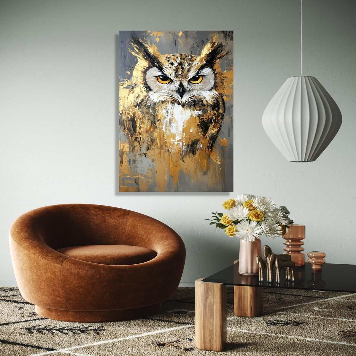 Majestic Owl Portrait Canvas, Abstract Wildlife Wall Art, Gold and Gray Modern Painting, Large Animal Canvas, Gift Art, Home Decor, Print