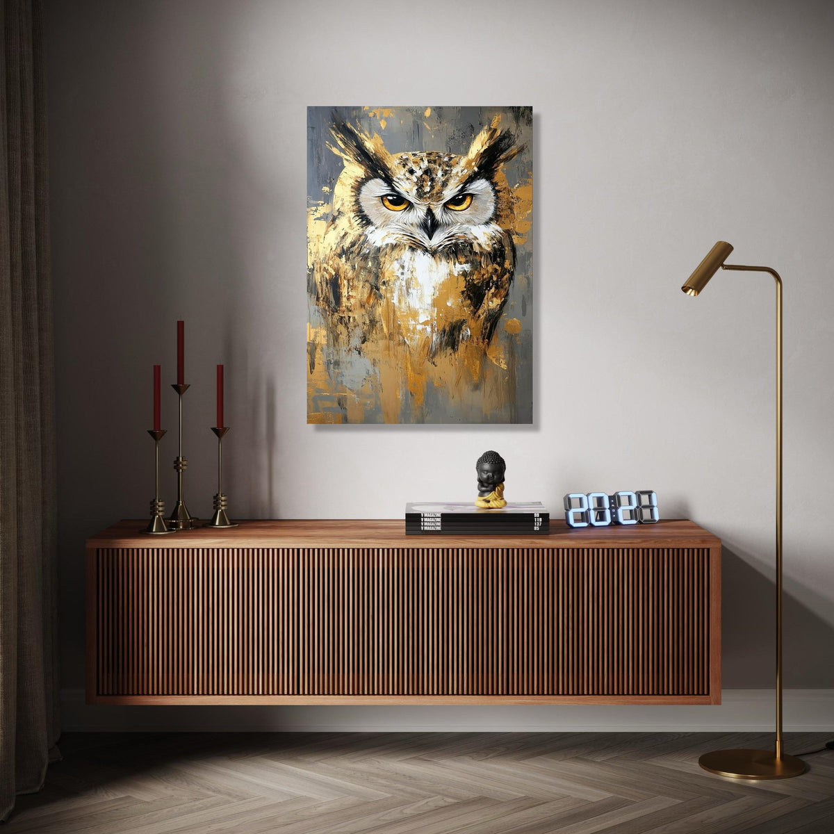 Majestic Owl Portrait Canvas, Abstract Wildlife Wall Art, Gold and Gray Modern Painting, Large Animal Canvas, Gift Art, Home Decor, Print