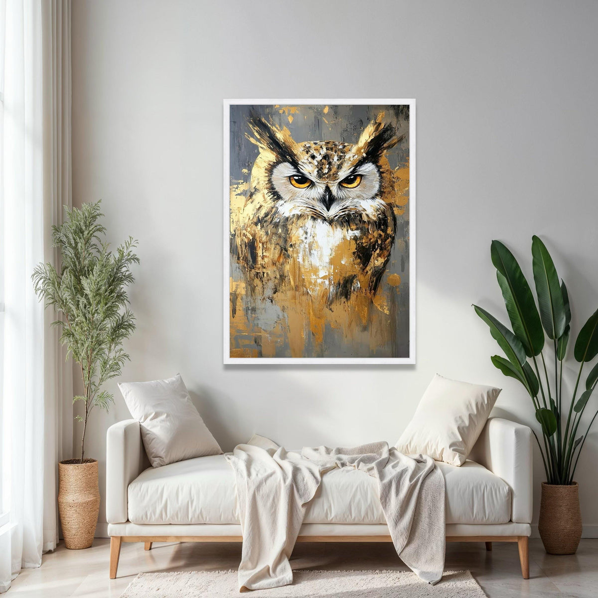 Majestic Owl Portrait Canvas, Abstract Wildlife Wall Art, Gold and Gray Modern Painting, Large Animal Canvas, Gift Art, Home Decor, Print