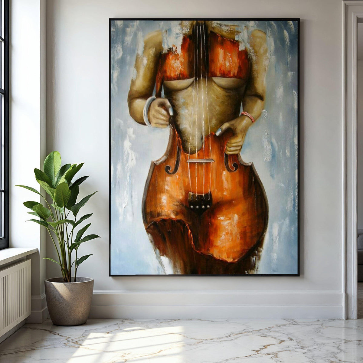 Abstract Female Body with Violin Canvas Wall Art, Modern Musical Instrument Painting, Artistic Nude Form Canvas, Gift Art, Home Decor, Print