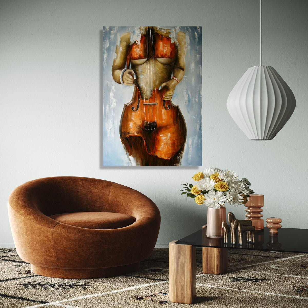 Abstract Female Body with Violin Canvas Wall Art, Modern Musical Instrument Painting, Artistic Nude Form Canvas, Gift Art, Home Decor, Print