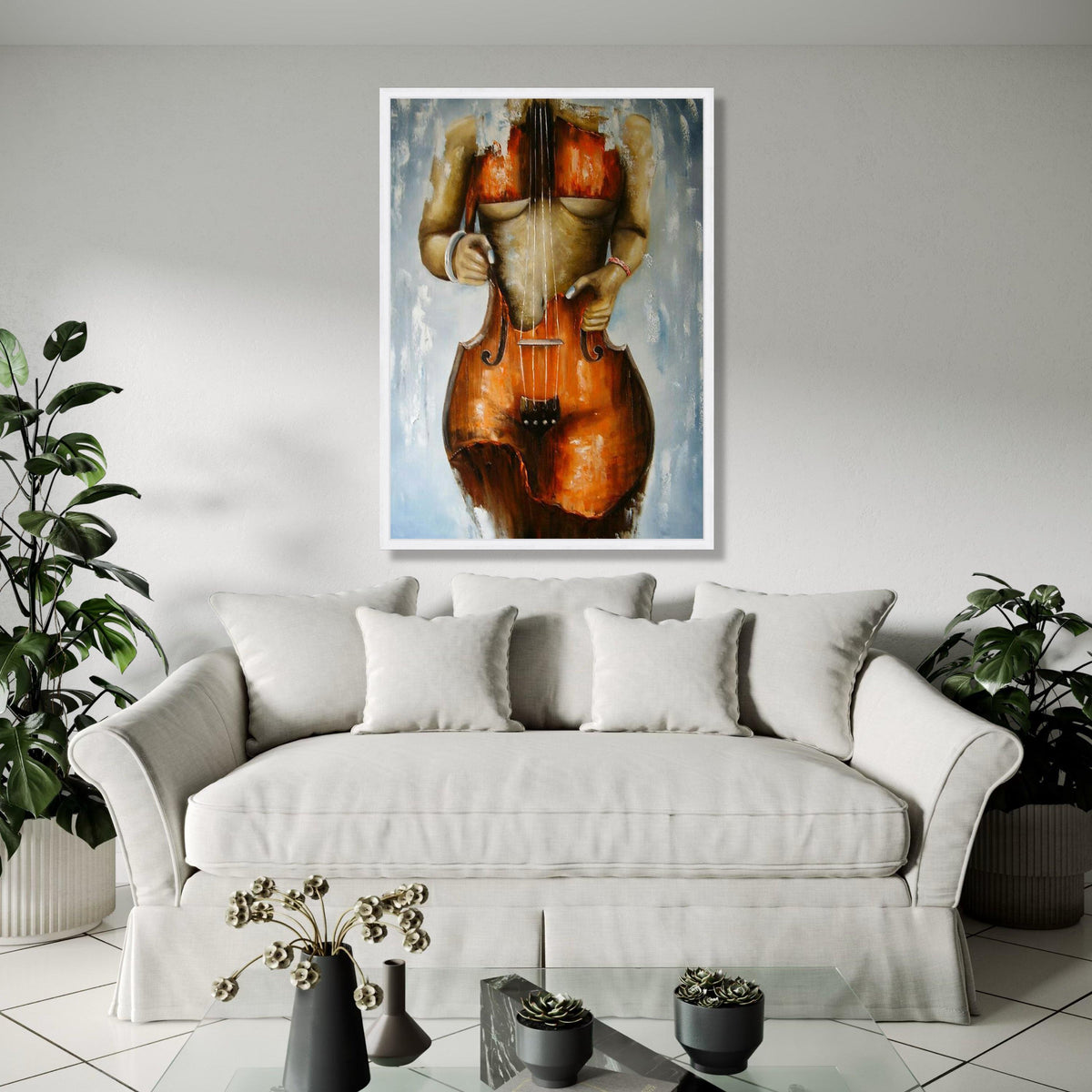 Abstract Female Body with Violin Canvas Wall Art, Modern Musical Instrument Painting, Artistic Nude Form Canvas, Gift Art, Home Decor, Print
