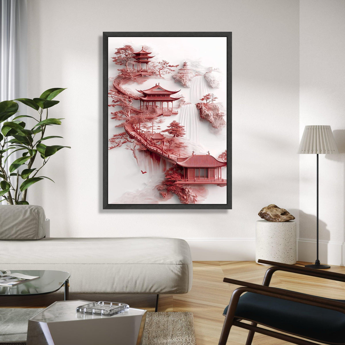 Zen Asian Pagoda Canvas, Red Temple Art, Waterfall Landscape Wall Art, Tranquil Garden Decoration, Japanese Gift Art, Home Decor, Print