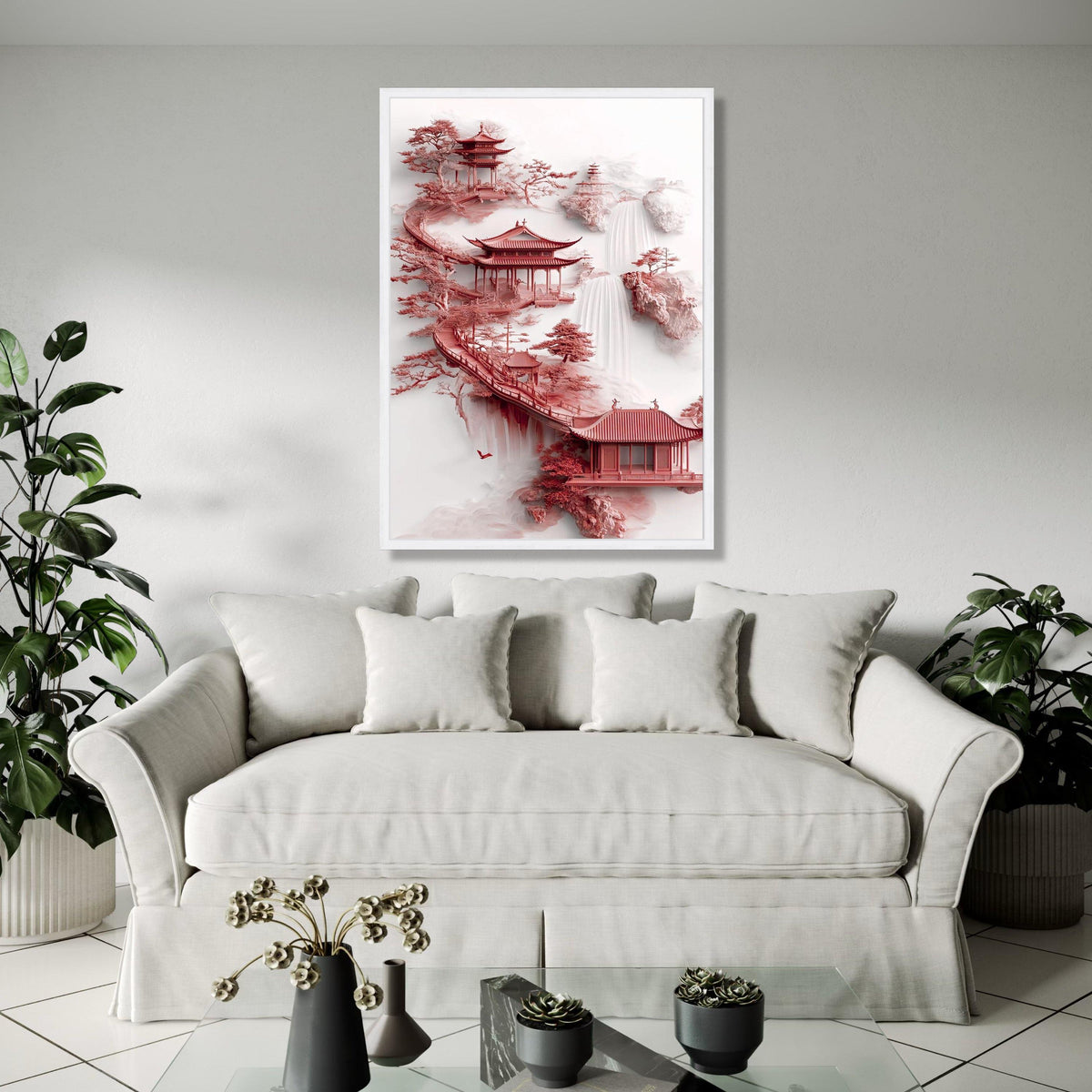 Zen Asian Pagoda Canvas, Red Temple Art, Waterfall Landscape Wall Art, Tranquil Garden Decoration, Japanese Gift Art, Home Decor, Print