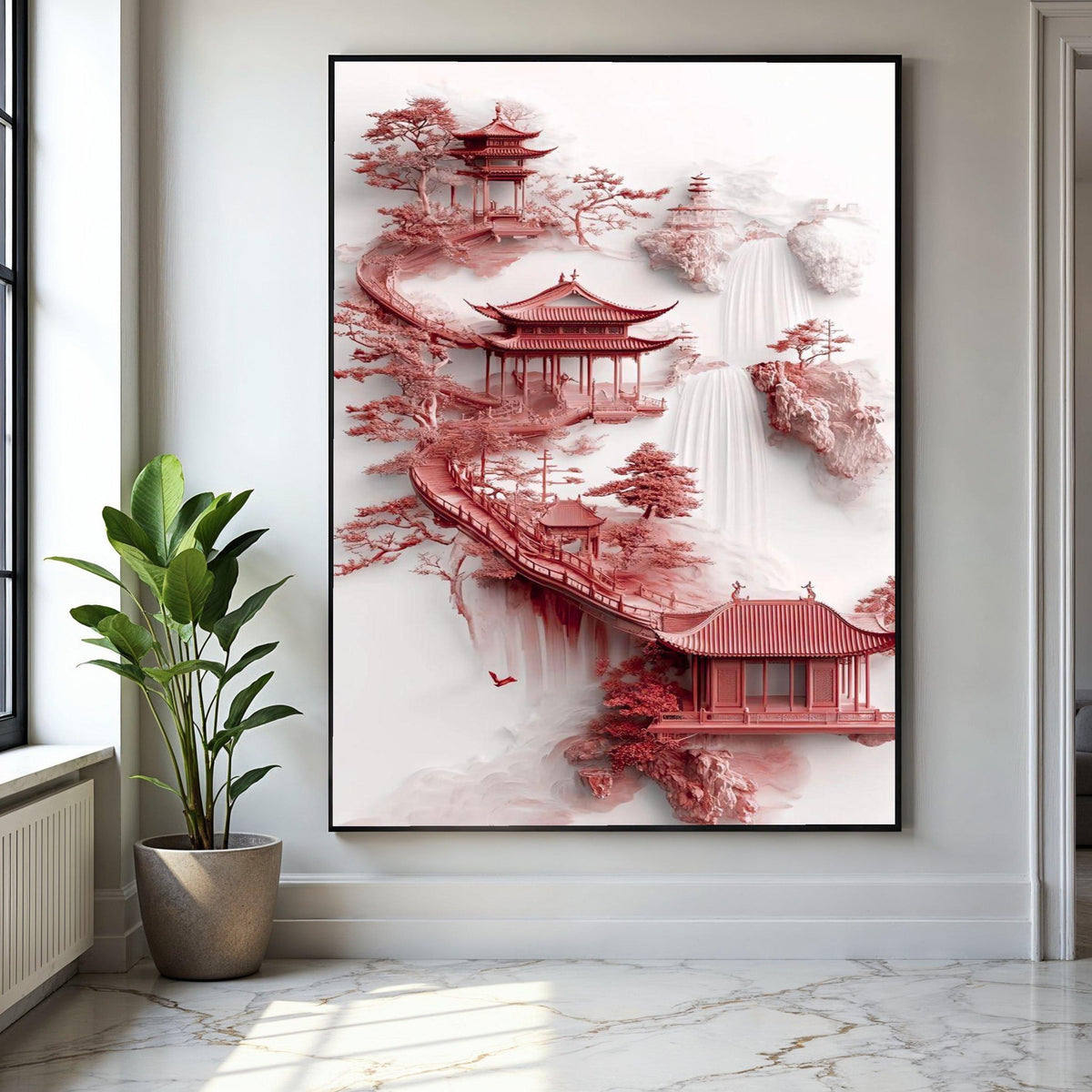 Zen Asian Pagoda Canvas, Red Temple Art, Waterfall Landscape Wall Art, Tranquil Garden Decoration, Japanese Gift Art, Home Decor, Print