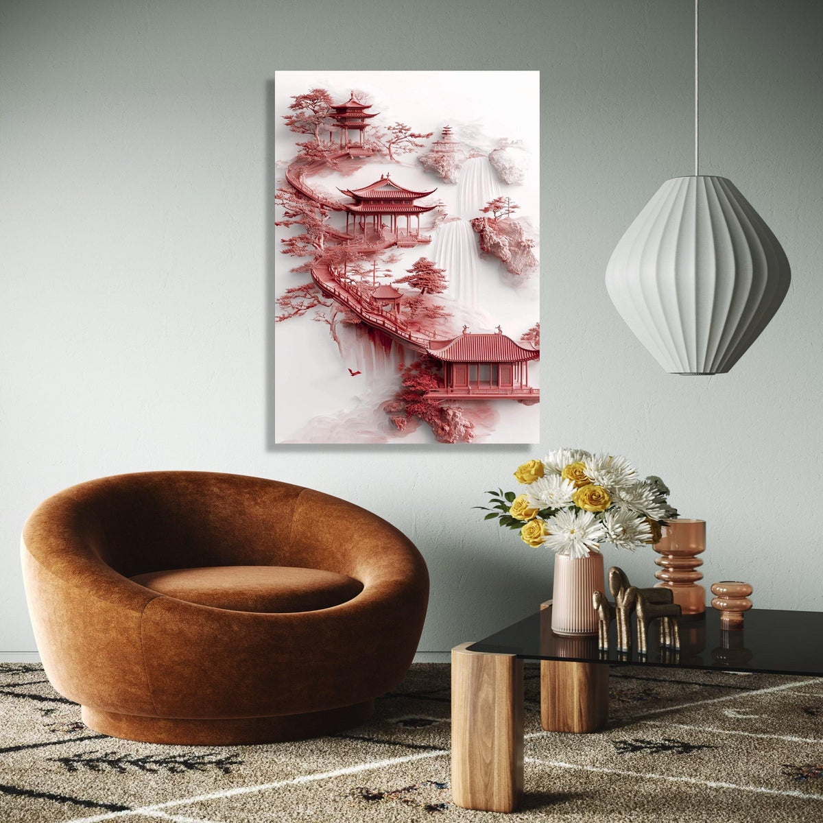 Zen Asian Pagoda Canvas, Red Temple Art, Waterfall Landscape Wall Art, Tranquil Garden Decoration, Japanese Gift Art, Home Decor, Print