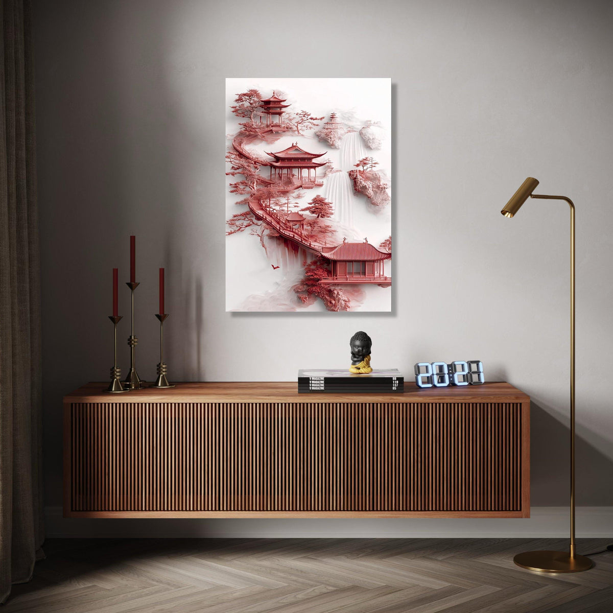 Zen Asian Pagoda Canvas, Red Temple Art, Waterfall Landscape Wall Art, Tranquil Garden Decoration, Japanese Gift Art, Home Decor, Print