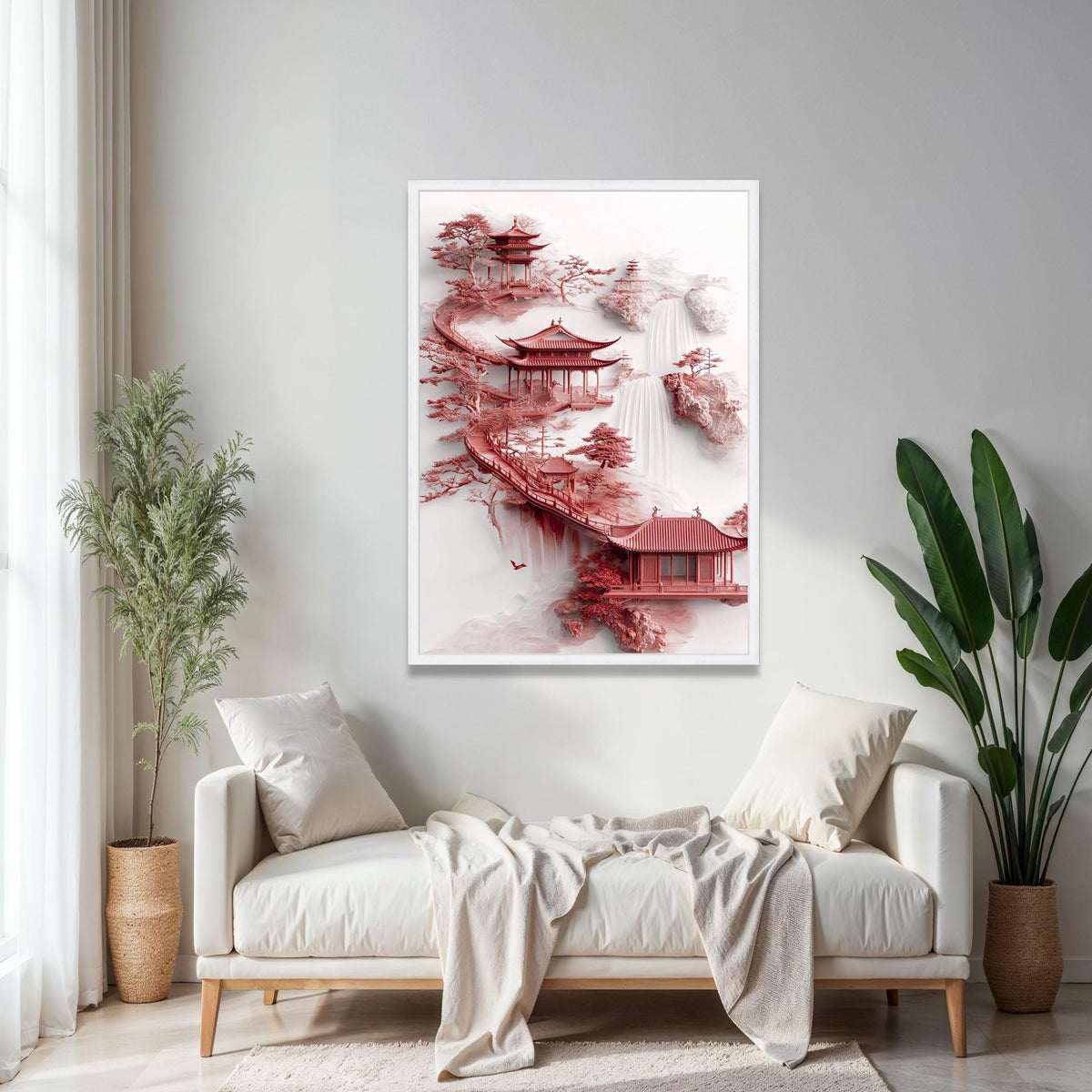 Zen Asian Pagoda Canvas, Red Temple Art, Waterfall Landscape Wall Art, Tranquil Garden Decoration, Japanese Gift Art, Home Decor, Print