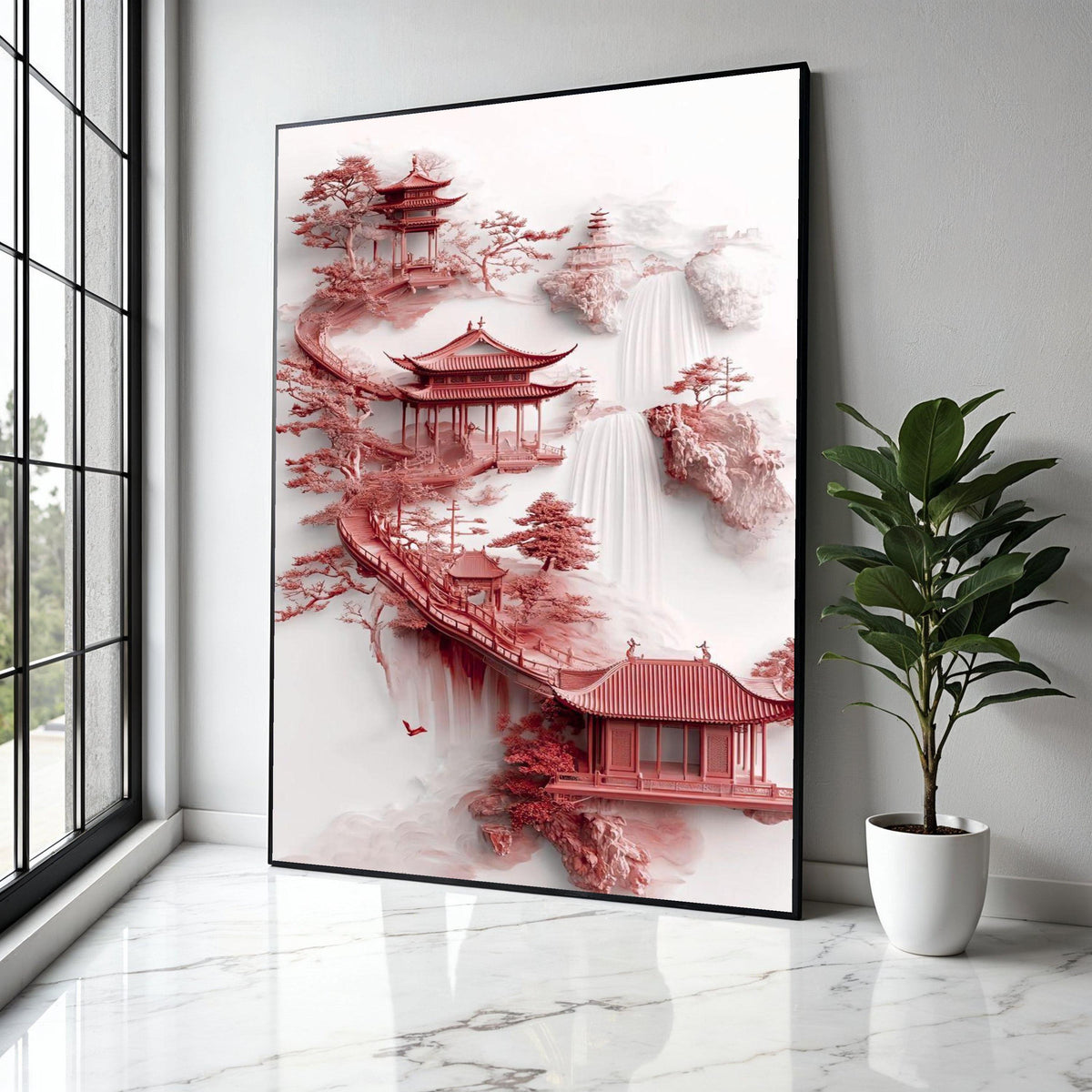 Zen Asian Pagoda Canvas, Red Temple Art, Waterfall Landscape Wall Art, Tranquil Garden Decoration, Japanese Gift Art, Home Decor, Print