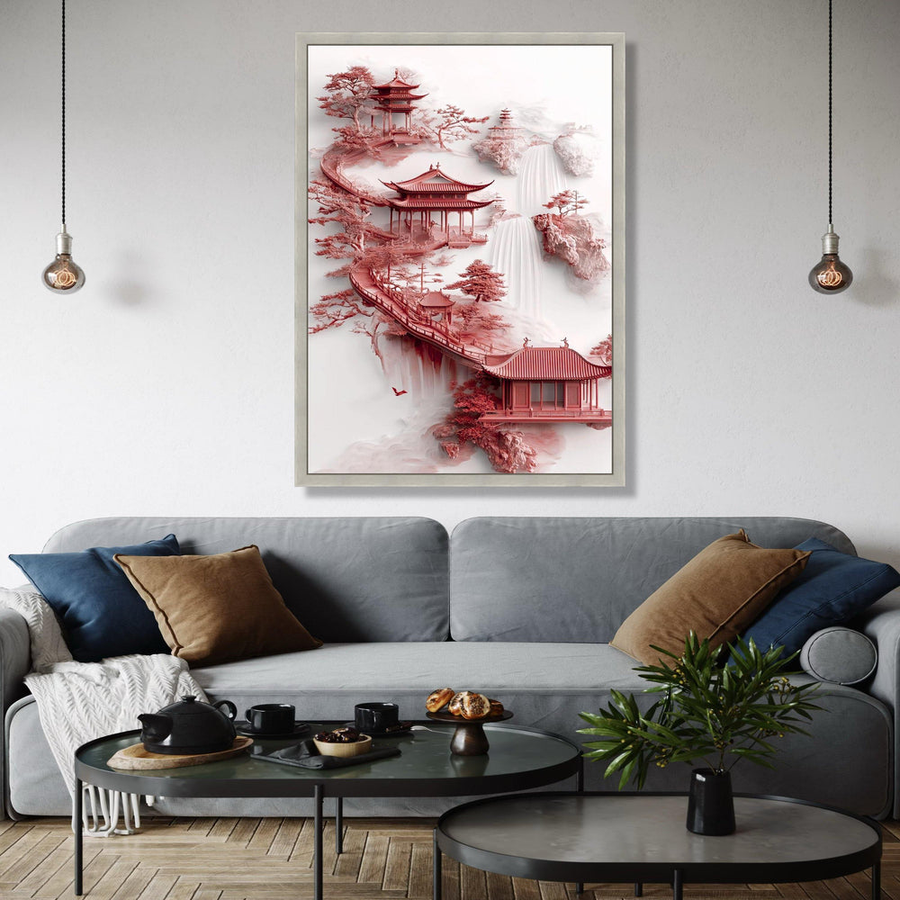 Zen Asian Pagoda Canvas, Red Temple Art, Waterfall Landscape Wall Art, Tranquil Garden Decoration, Japanese Gift Art, Home Decor, Print