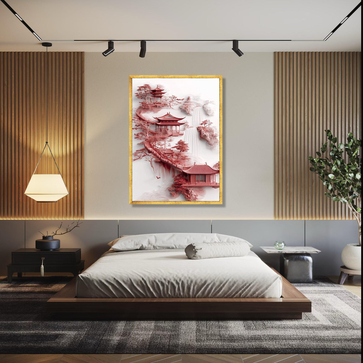 Zen Asian Pagoda Canvas, Red Temple Art, Waterfall Landscape Wall Art, Tranquil Garden Decoration, Japanese Gift Art, Home Decor, Print