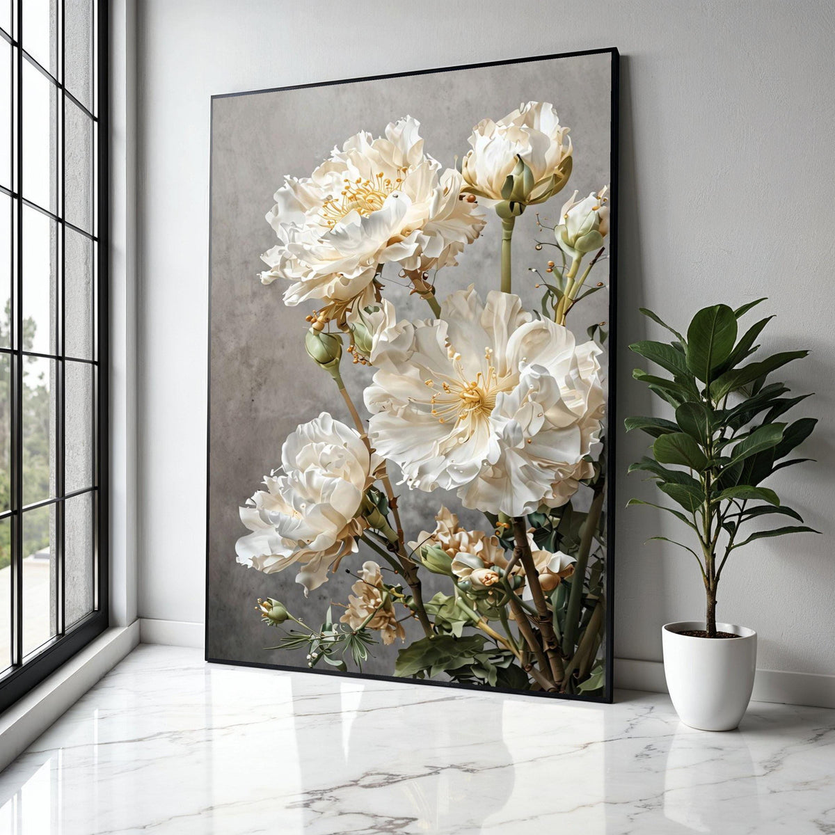 Elegant White Peonies Canvas Wall Art, Floral Bouquet Painting, Modern Botanical Decor, Soft Neutral Tones, Home Gift Art, Home Decor, Print