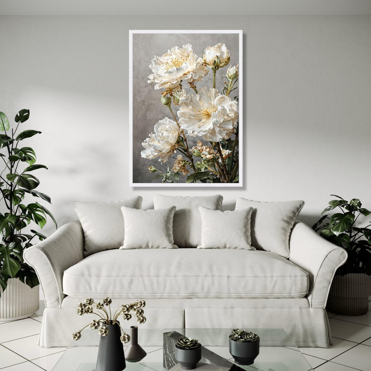 Elegant White Peonies Canvas Wall Art, Floral Bouquet Painting, Modern Botanical Decor, Soft Neutral Tones, Home Gift Art, Home Decor, Print
