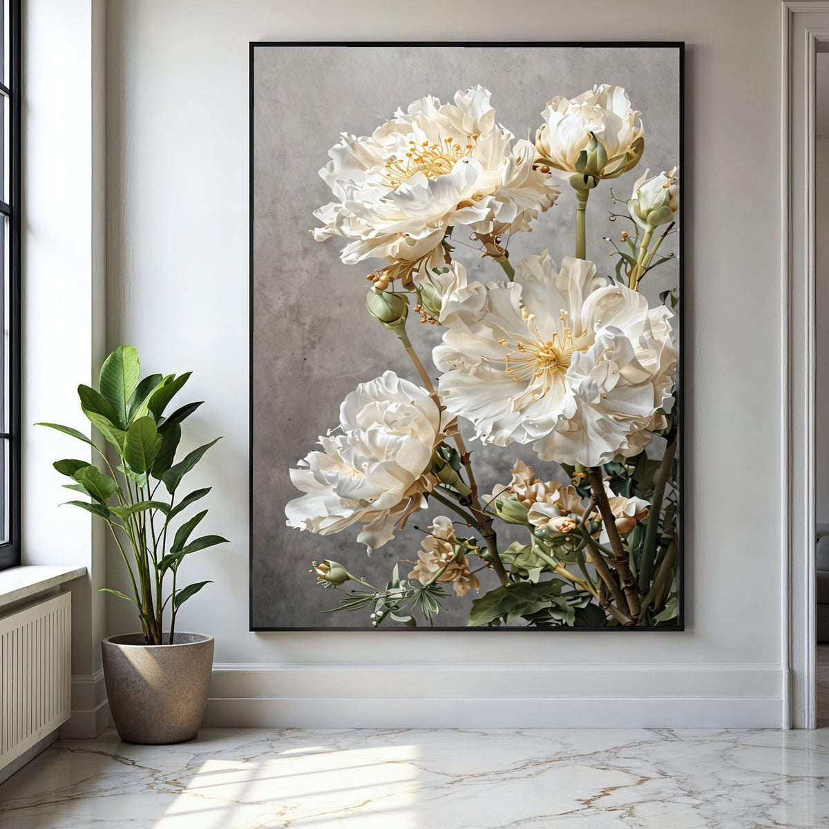 Elegant White Peonies Canvas Wall Art, Floral Bouquet Painting, Modern Botanical Decor, Soft Neutral Tones, Home Gift Art, Home Decor, Print