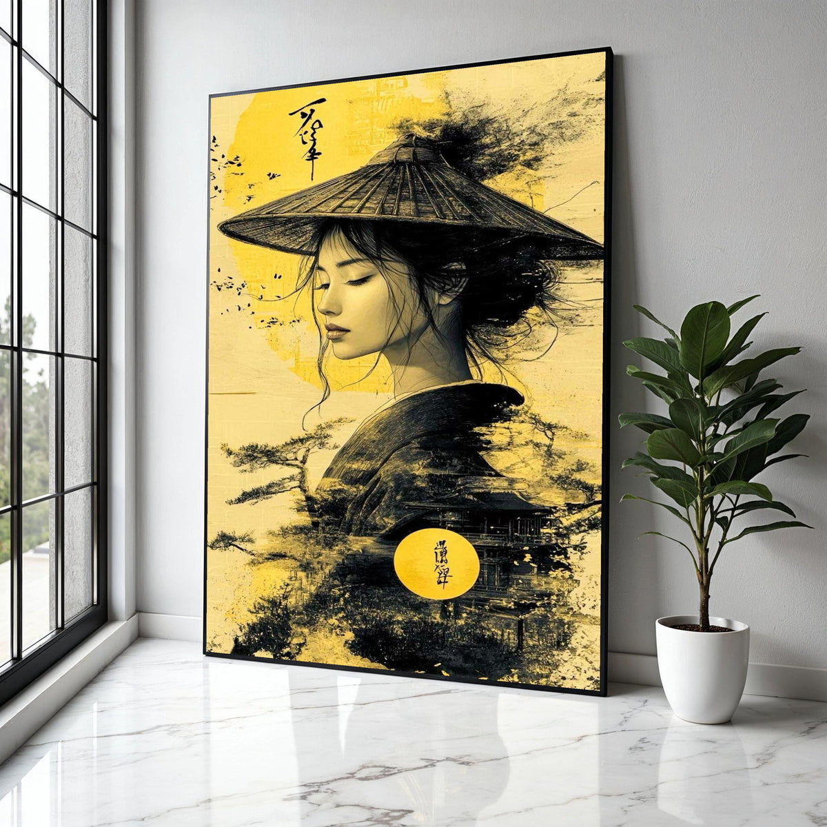 Elegant Asian Woman Canvas Wall Art, Traditional Hat Portrait, Oriental Style Painting, Vintage Asian Decor, Gift Art, Home Decor, Print