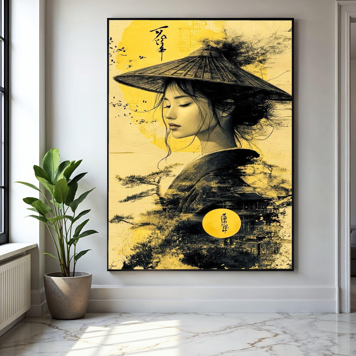 Elegant Asian Woman Canvas Wall Art, Traditional Hat Portrait, Oriental Style Painting, Vintage Asian Decor, Gift Art, Home Decor, Print