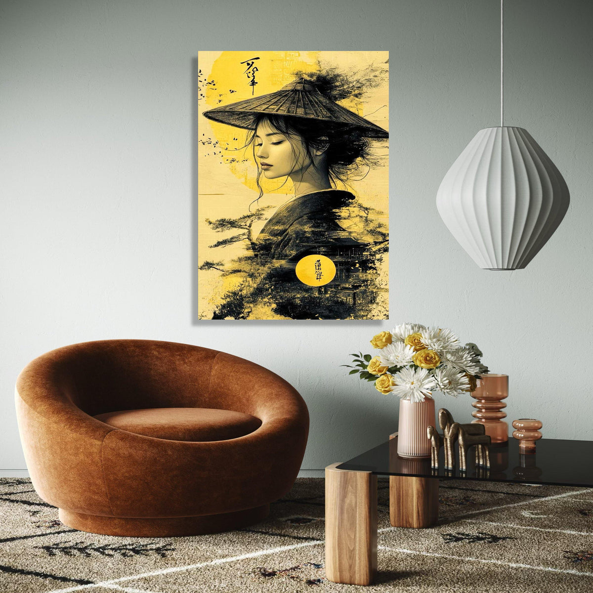 Elegant Asian Woman Canvas Wall Art, Traditional Hat Portrait, Oriental Style Painting, Vintage Asian Decor, Gift Art, Home Decor, Print