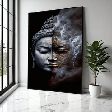 Dual Buddha Face Canvas Wall Art, Spiritual Meditation Decor, Yin Yang Contrast, Mystical Smoke Design, Zen Home Gift Art, Home Decor, Print