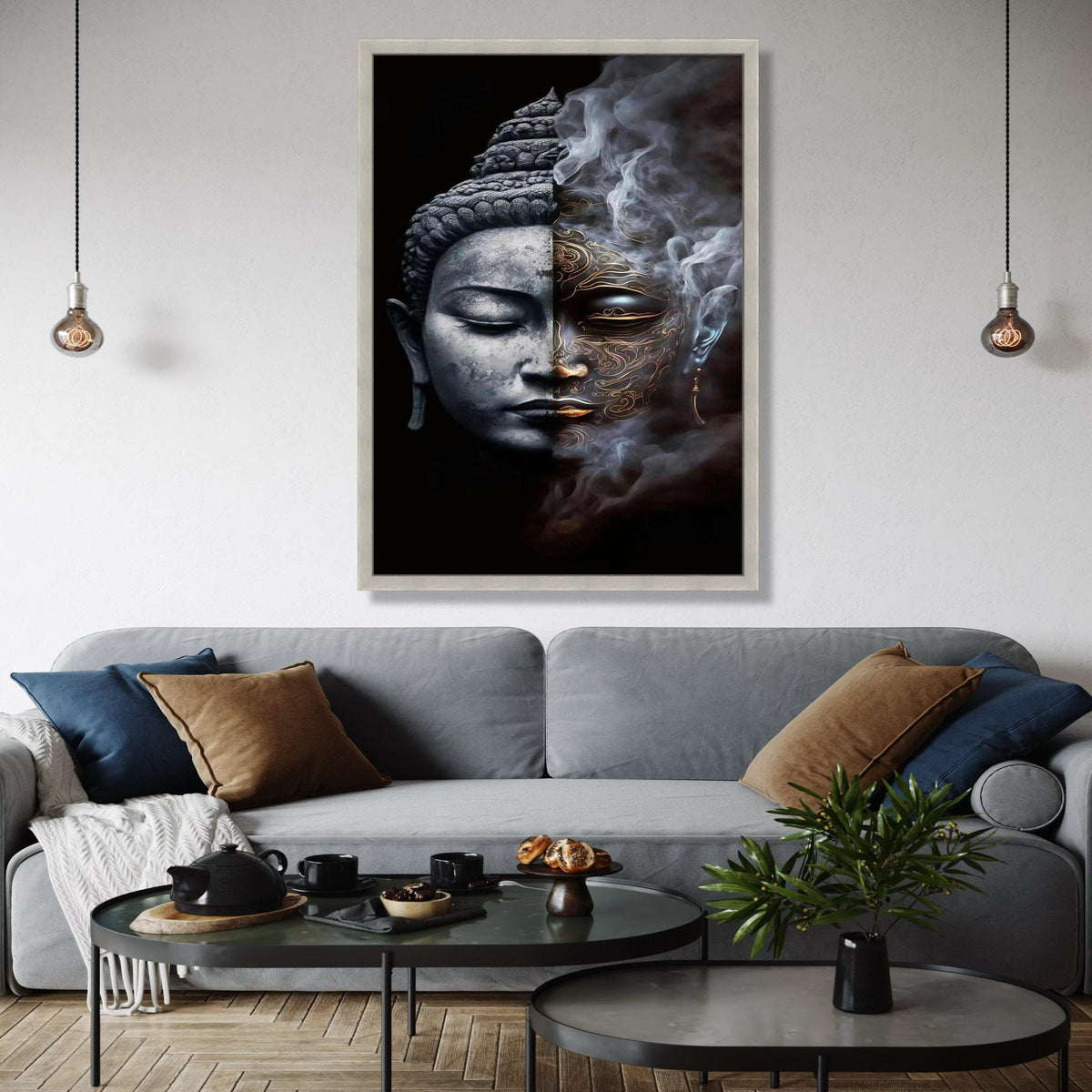 Dual Buddha Face Canvas Wall Art, Spiritual Meditation Decor, Yin Yang Contrast, Mystical Smoke Design, Zen Home Gift Art, Home Decor, Print