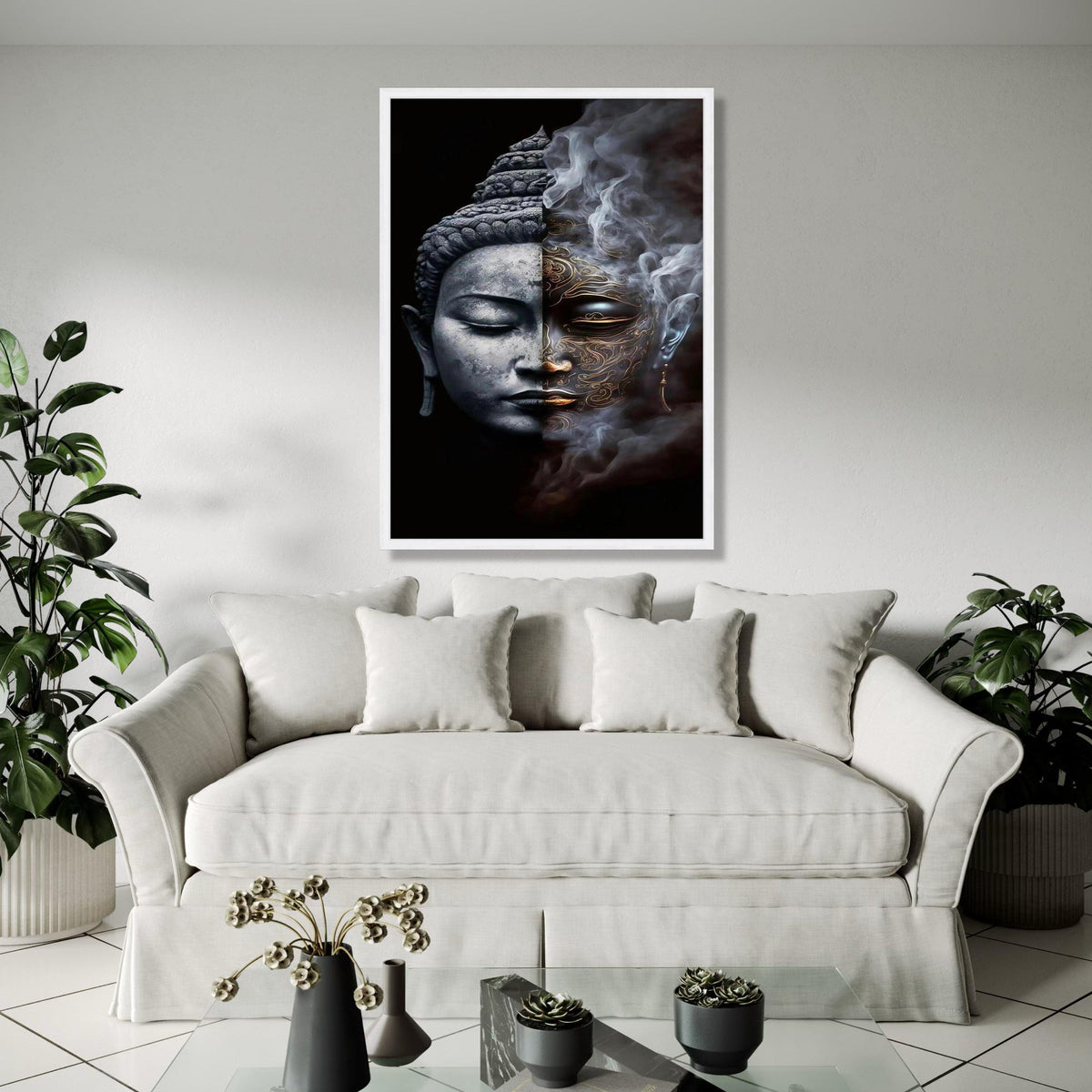 Dual Buddha Face Canvas Wall Art, Spiritual Meditation Decor, Yin Yang Contrast, Mystical Smoke Design, Zen Home Gift Art, Home Decor, Print