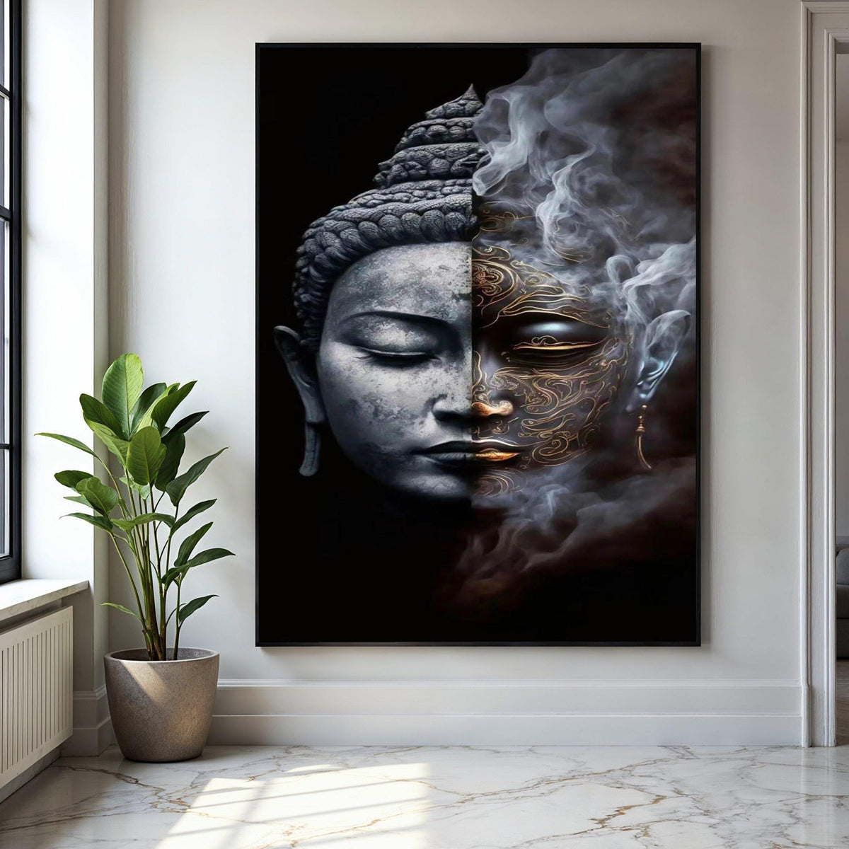 Dual Buddha Face Canvas Wall Art, Spiritual Meditation Decor, Yin Yang Contrast, Mystical Smoke Design, Zen Home Gift Art, Home Decor, Print