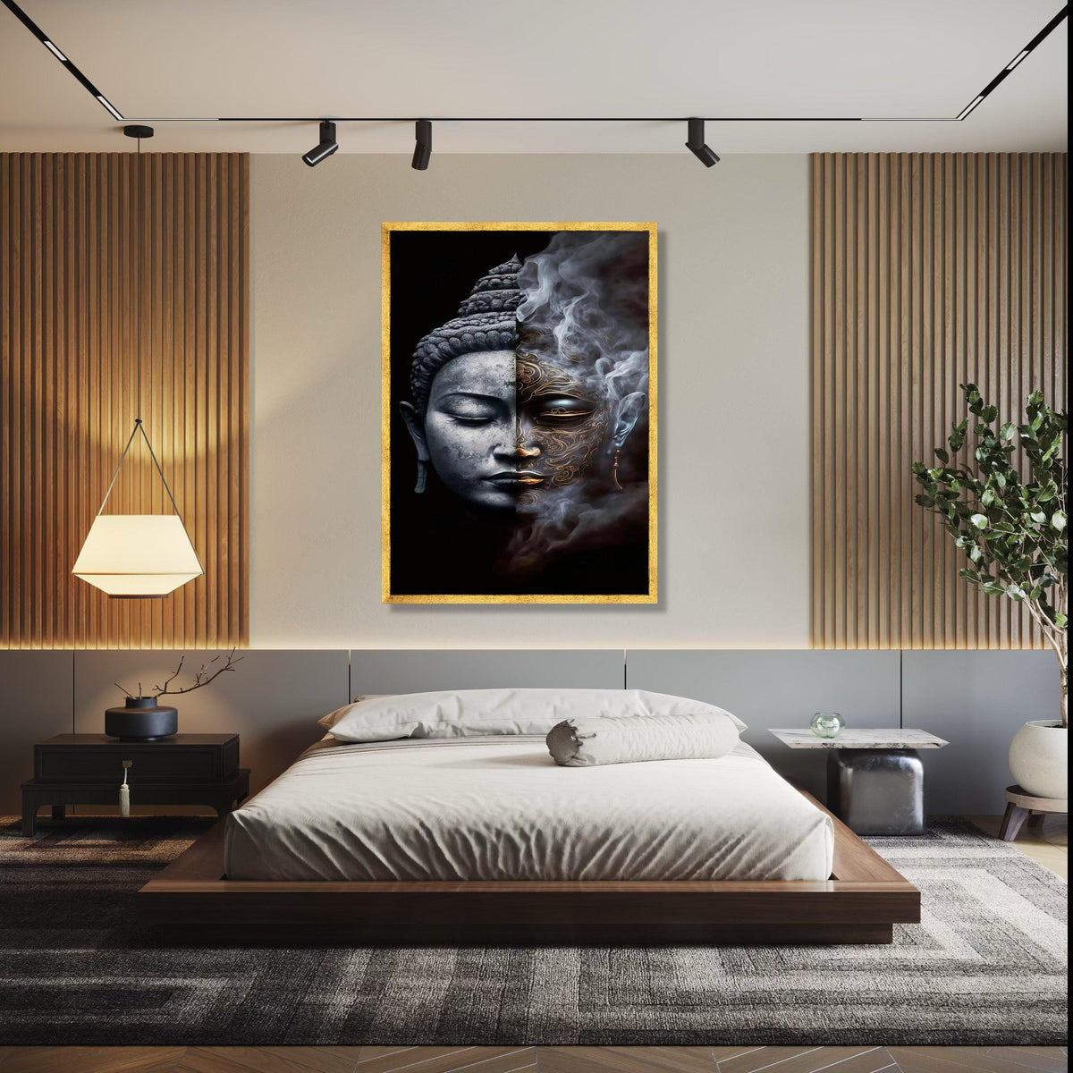 Dual Buddha Face Canvas Wall Art, Spiritual Meditation Decor, Yin Yang Contrast, Mystical Smoke Design, Zen Home Gift Art, Home Decor, Print