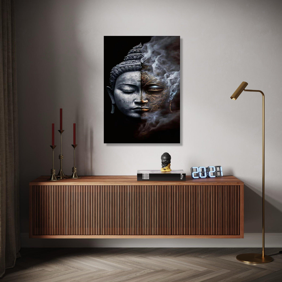 Dual Buddha Face Canvas Wall Art, Spiritual Meditation Decor, Yin Yang Contrast, Mystical Smoke Design, Zen Home Gift Art, Home Decor, Print