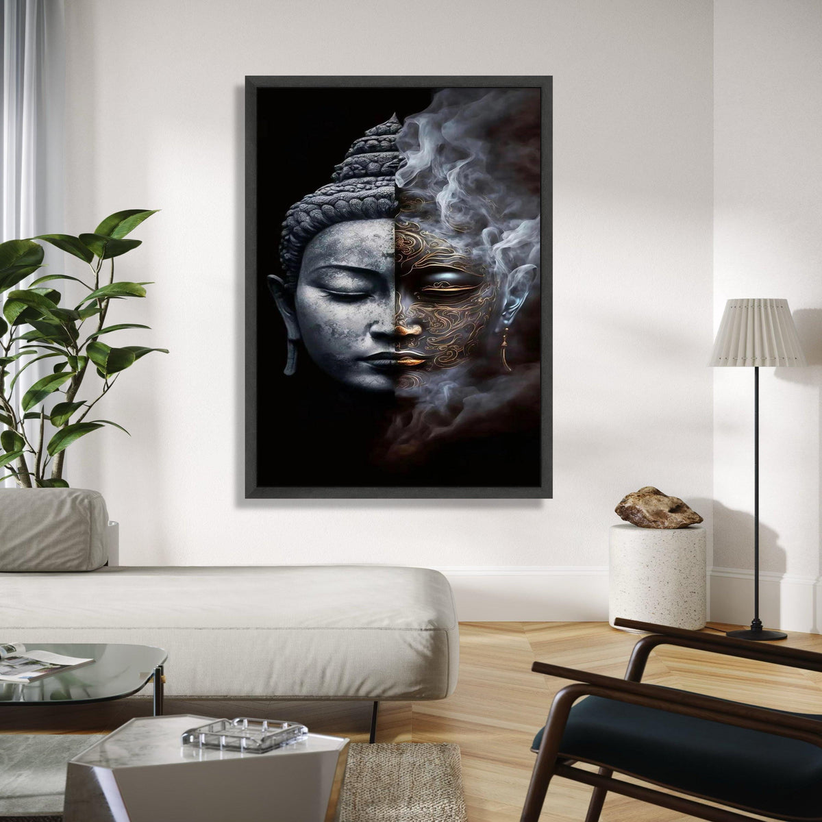 Dual Buddha Face Canvas Wall Art, Spiritual Meditation Decor, Yin Yang Contrast, Mystical Smoke Design, Zen Home Gift Art, Home Decor, Print
