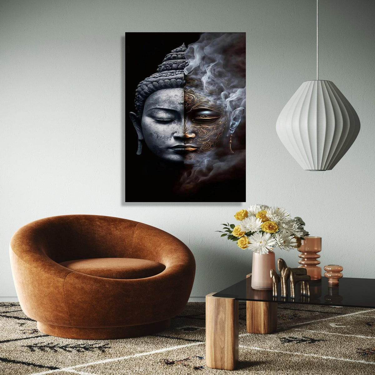 Dual Buddha Face Canvas Wall Art, Spiritual Meditation Decor, Yin Yang Contrast, Mystical Smoke Design, Zen Home Gift Art, Home Decor, Print