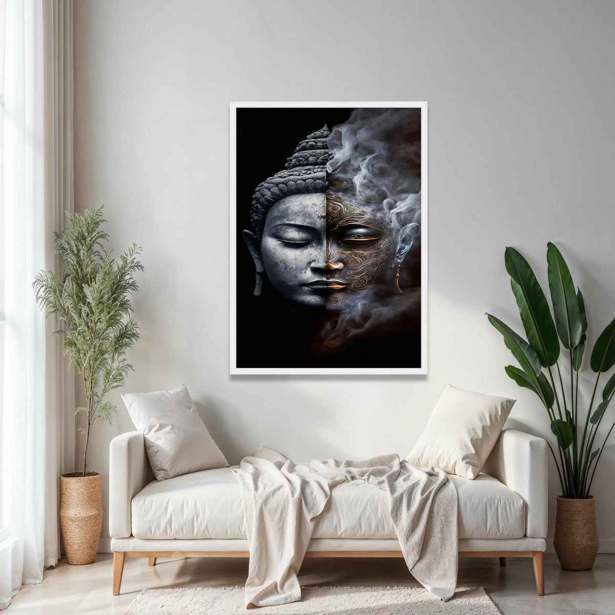 Dual Buddha Face Canvas Wall Art, Spiritual Meditation Decor, Yin Yang Contrast, Mystical Smoke Design, Zen Home Gift Art, Home Decor, Print