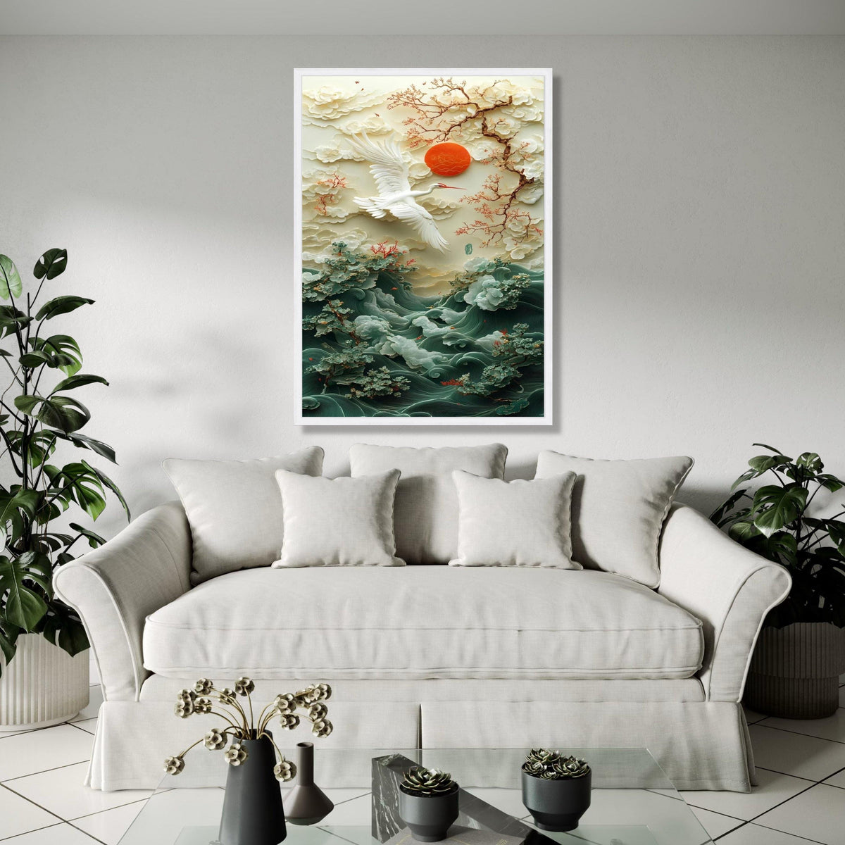 Elegant Crane and Cherry Blossom Canvas, Oriental Nature Wall Art, Zen Landscape Canvas, Red Sun and Waves Gift Art, Home Decor, Print