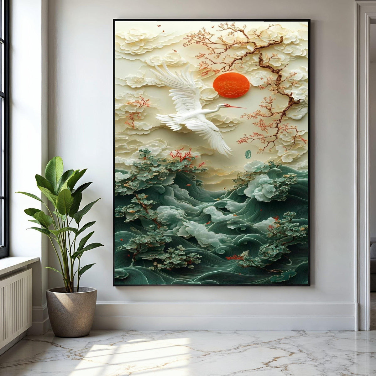 Elegant Crane and Cherry Blossom Canvas, Oriental Nature Wall Art, Zen Landscape Canvas, Red Sun and Waves Gift Art, Home Decor, Print