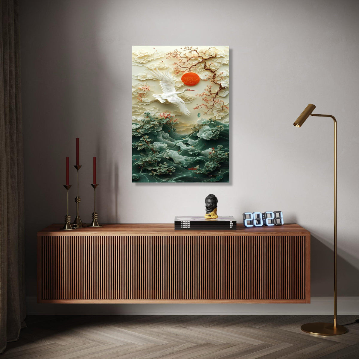 Elegant Crane and Cherry Blossom Canvas, Oriental Nature Wall Art, Zen Landscape Canvas, Red Sun and Waves Gift Art, Home Decor, Print