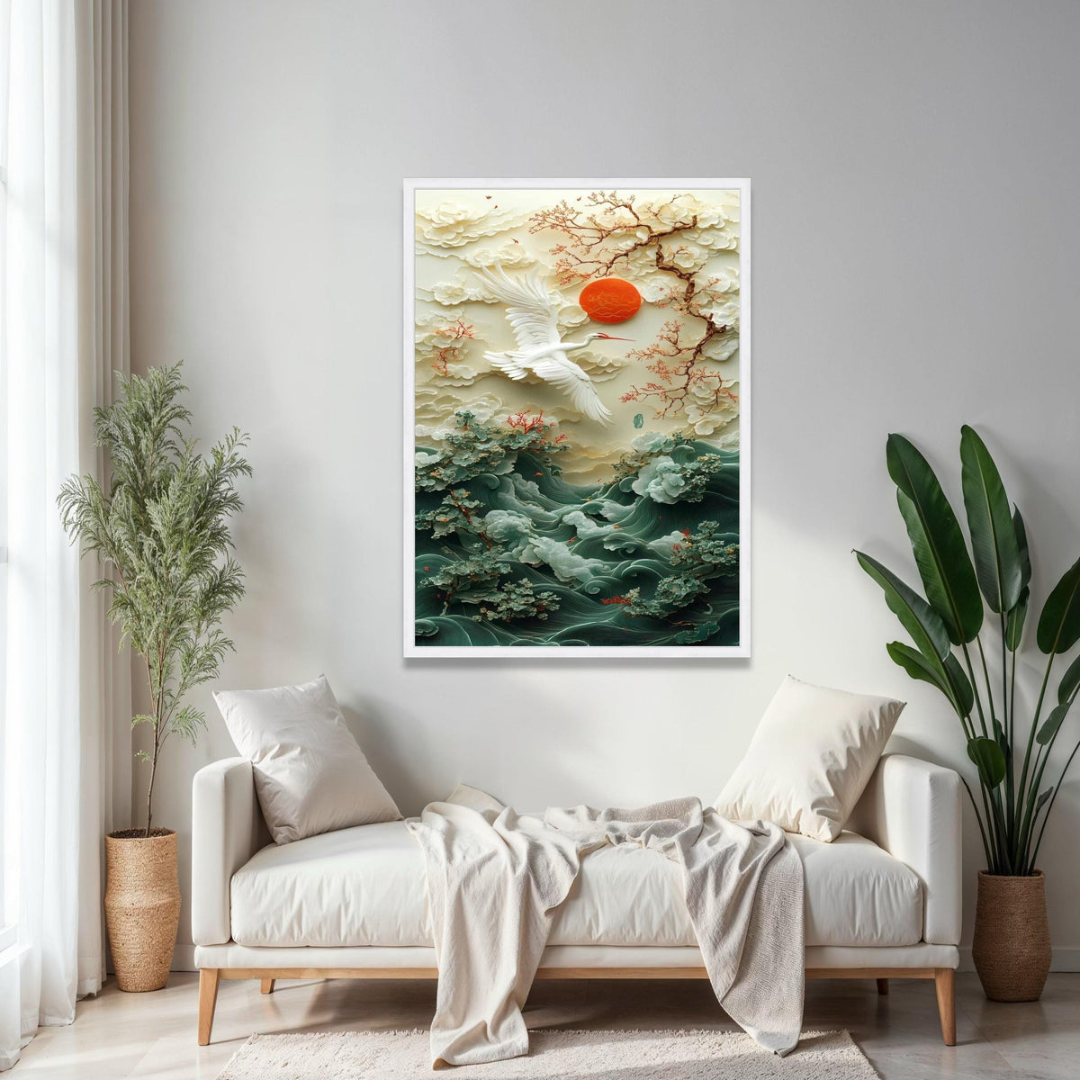 Elegant Crane and Cherry Blossom Canvas, Oriental Nature Wall Art, Zen Landscape Canvas, Red Sun and Waves Gift Art, Home Decor, Print