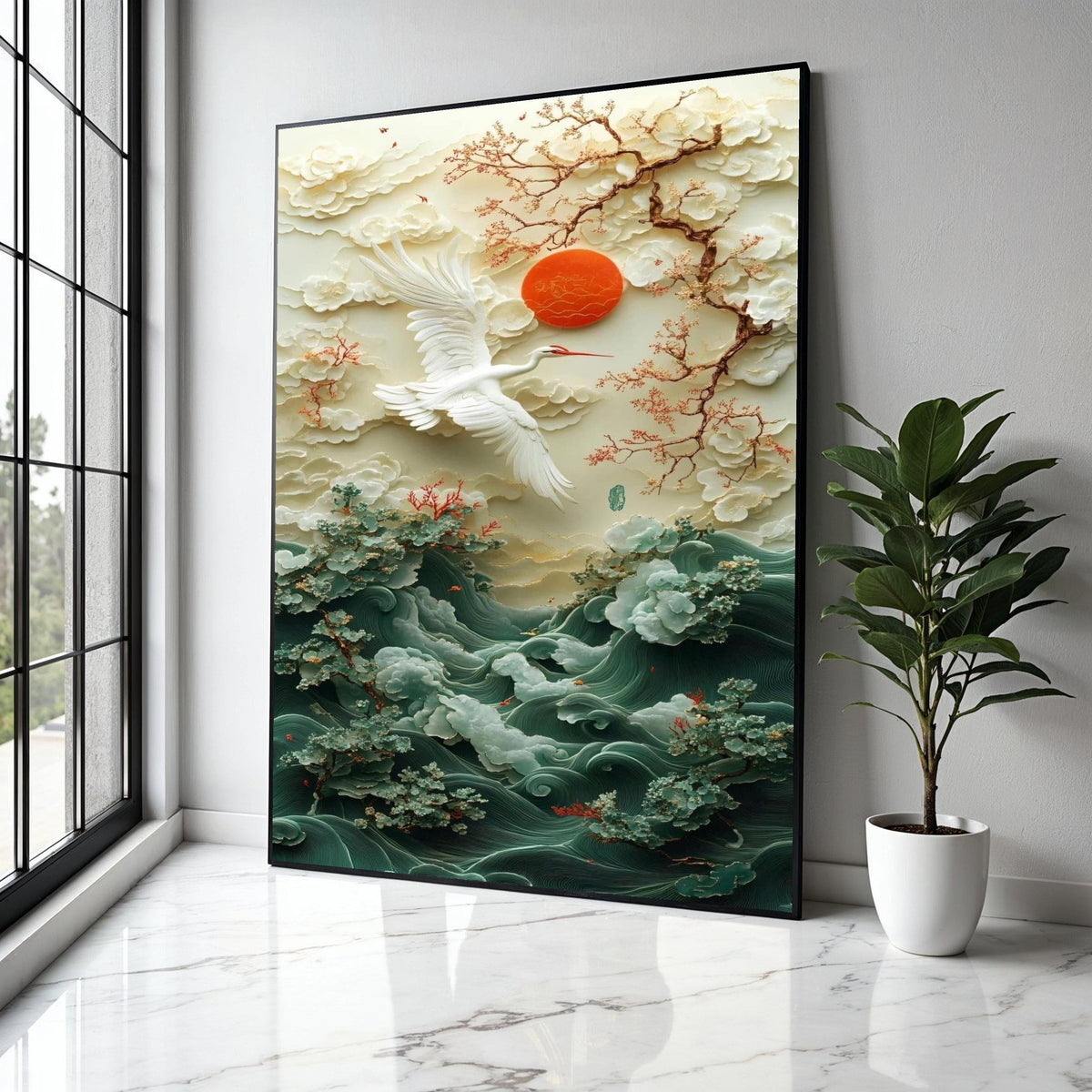 Elegant Crane and Cherry Blossom Canvas, Oriental Nature Wall Art, Zen Landscape Canvas, Red Sun and Waves Gift Art, Home Decor, Print