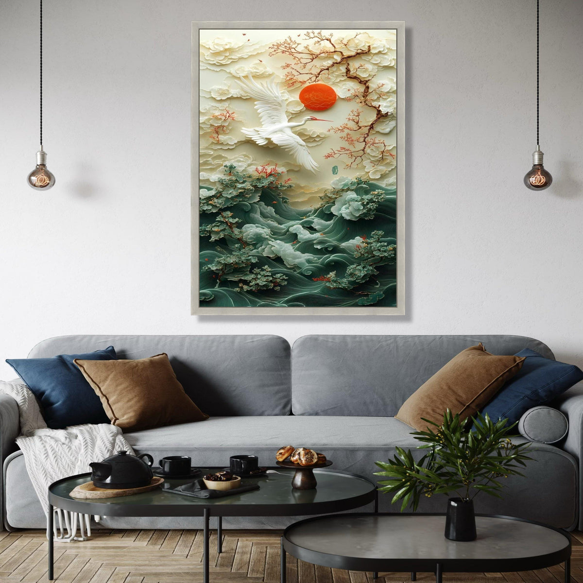 Elegant Crane and Cherry Blossom Canvas, Oriental Nature Wall Art, Zen Landscape Canvas, Red Sun and Waves Gift Art, Home Decor, Print