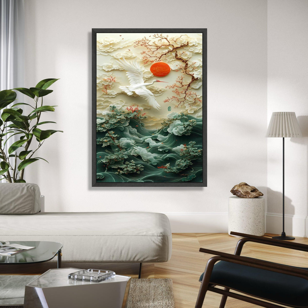 Elegant Crane and Cherry Blossom Canvas, Oriental Nature Wall Art, Zen Landscape Canvas, Red Sun and Waves Gift Art, Home Decor, Print