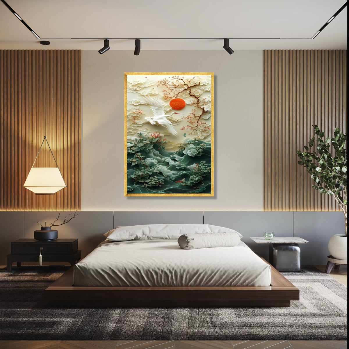 Elegant Crane and Cherry Blossom Canvas, Oriental Nature Wall Art, Zen Landscape Canvas, Red Sun and Waves Gift Art, Home Decor, Print